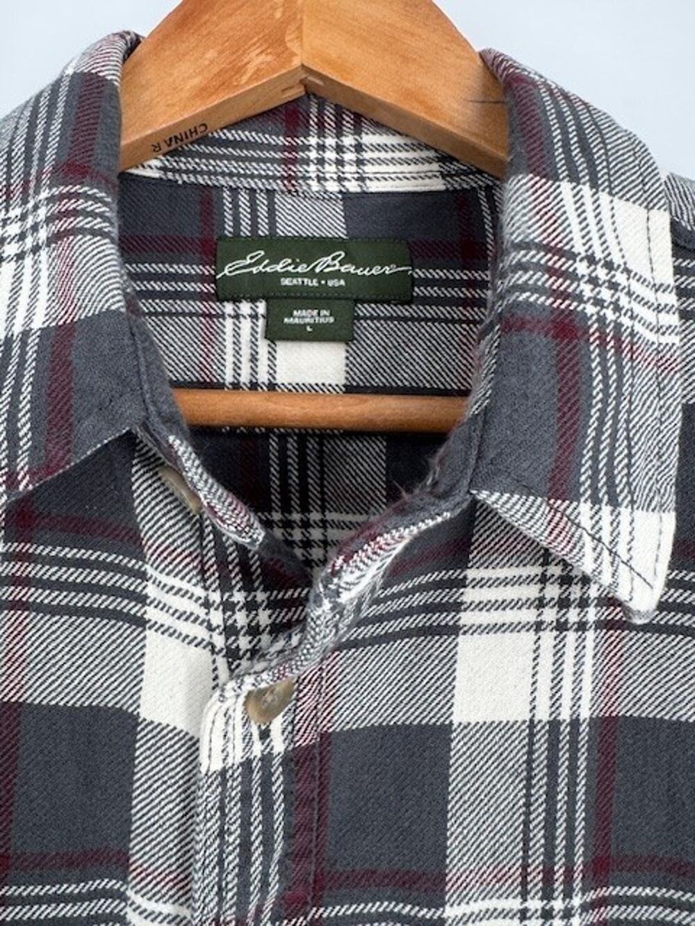 Eddy Bauer Long Sleeve 100% Cotton Flannel Shirt Men's Size Large Grey Plaid